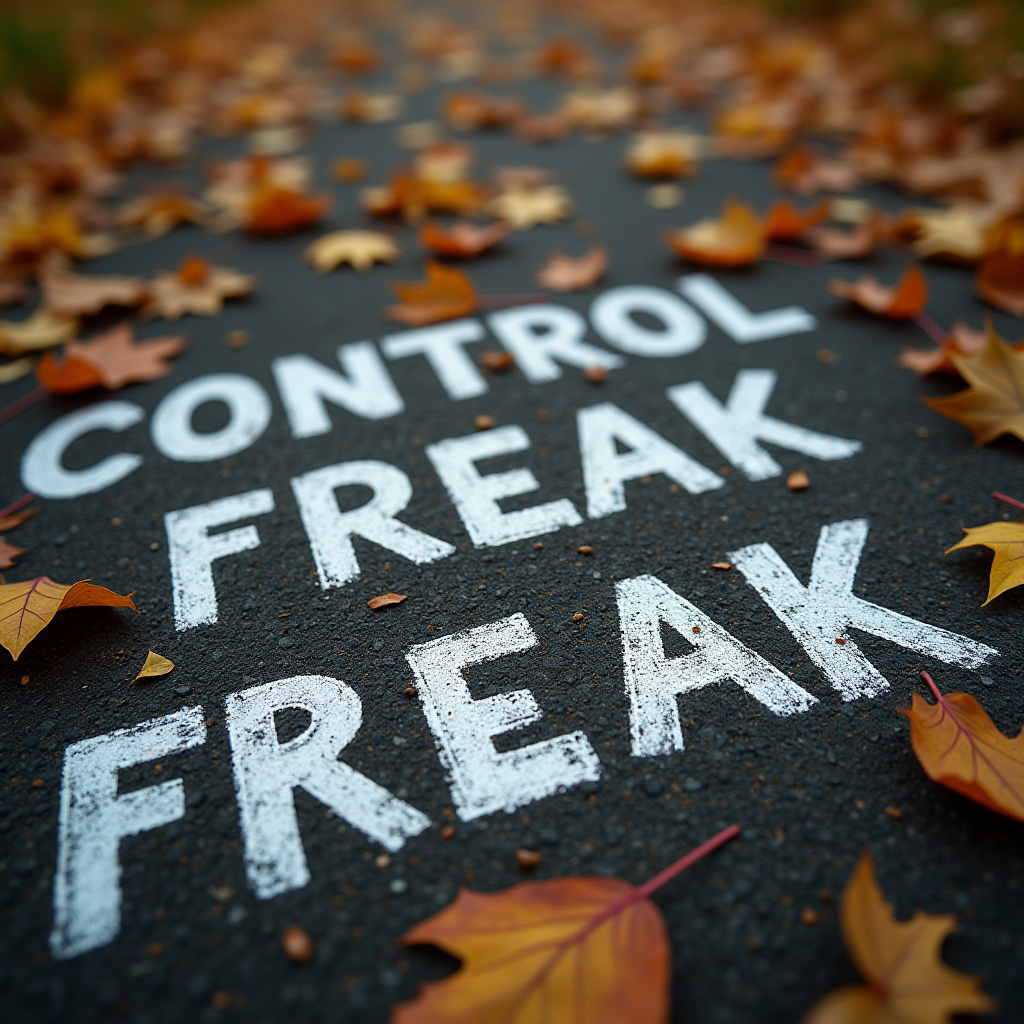 The words "Control Freak" are painted on a pavement surrounded by scattered autumn leaves.