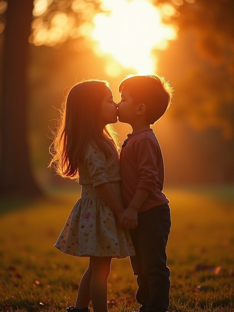 Girl and boy kiss each other in a park during sunset. Warm light surrounds them.