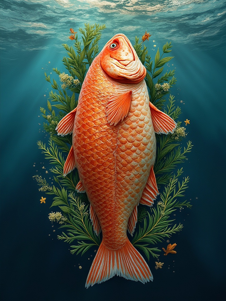 An ocean scene features a beautiful fish surrounded by greenery. The fish showcases a vibrant orange color. The fish is in the center of the image with soft lighting.