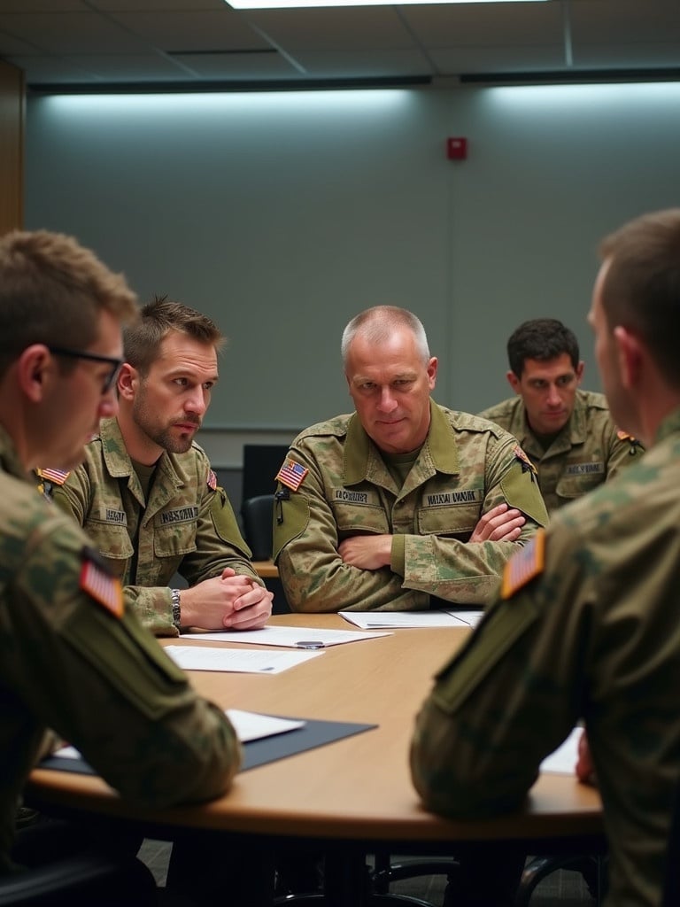 Group of soldiers gathered in a conference room. Soldiers are engaged in a discussion at a round table. Uniforms indicate military affiliation. Serious expressions show focus on the meeting agenda. Surroundings suggest a formal military environment.