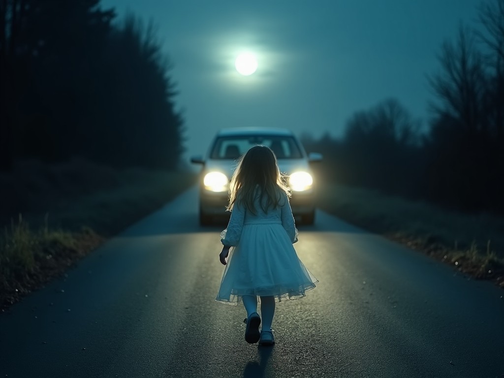 A young girl walks down a deserted road at night, illuminated by the headlights of an approaching car. She wears a flowing white dress that stands out against the dark background. The moon hangs large in the sky, casting an ethereal glow. Trees line the edges of the road, creating an isolated feeling. The scene evokes a sense of suspense and curiosity about what will happen next.