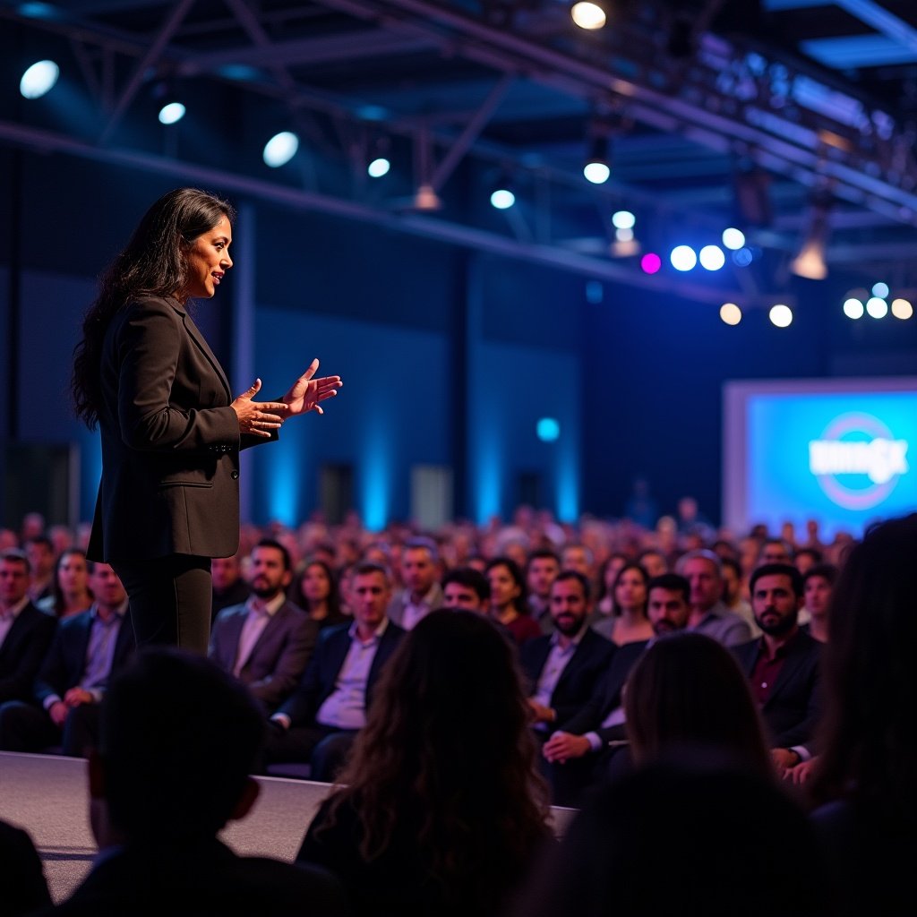 Yashi Gupta from TuringX stands on a stage speaking to a large audience. The atmosphere is energetic with bright stage lights. The crowd is engaged and listening intently. The focus is on the expressiveness and connection of the speaker with the audience.