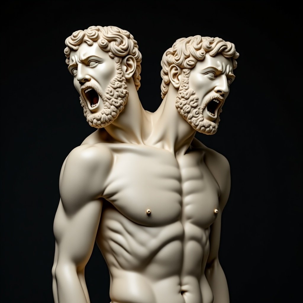 A Roman marble sculpture depicting a muscular body. There are two heads on the body. One head has a screaming expression. The other head has a smiling expression. The background is dark which adds emphasis to the sculpture.