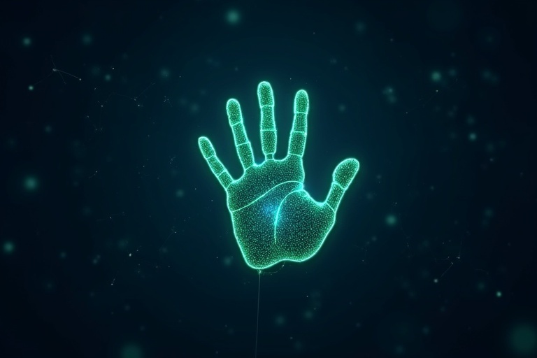 Digital handprint in glowing green and blue hues on a dark blue starry background. Handprint made of particles with light trails connecting nodes. Ideal for technology and security themes.