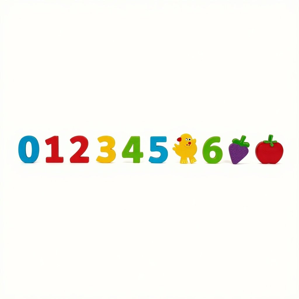 Image shows colorful plastic numbers and various playful shapes. Background is white. Arrangement includes letters on the left and a mix of numbers and shapes. Shapes are fruits and animals. Design attracts young children. Visual helps engage children in letter and number learning.