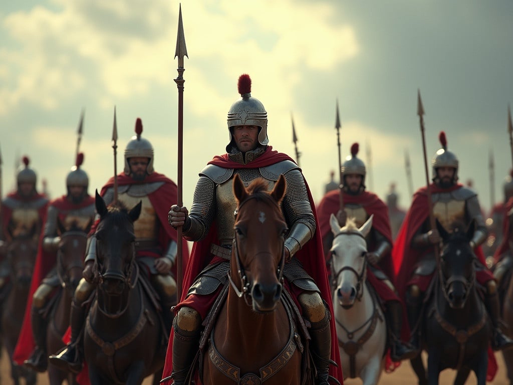 Dramatic scene features armored horsemen. Horsemen carry spears wearing helmets with capes. Background shows cloudy sky illuminated by sunlight.