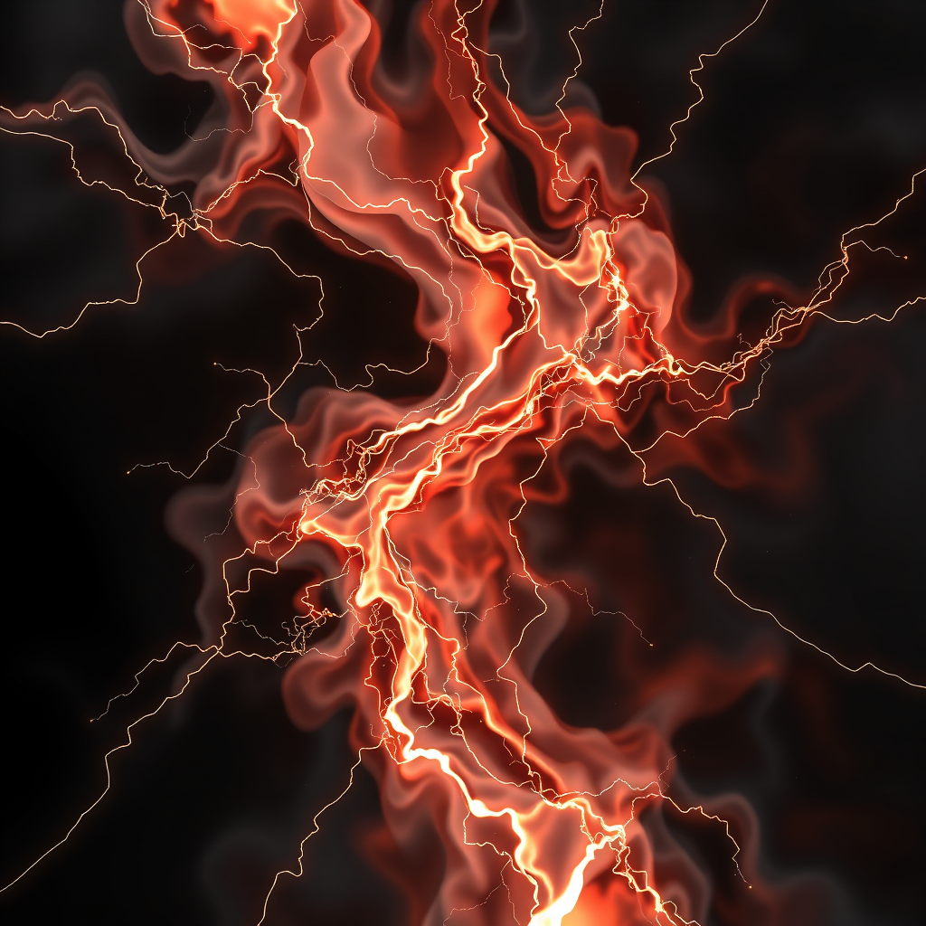 A vibrant display of bright, fiery orange and red lightning bolts, resembling molten lava, against a deep black background.