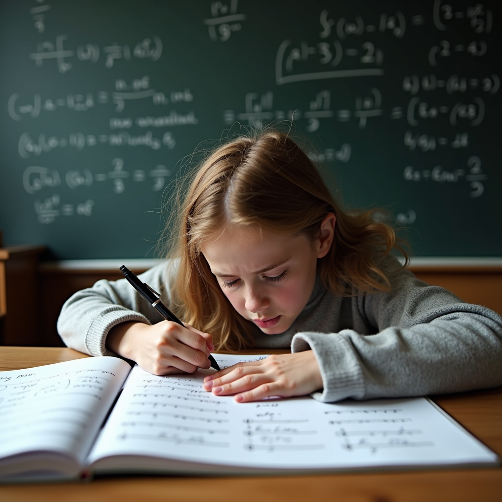 A young girl intensely focuses on solving math problems, surrounded by complex equations on a chalkboard.