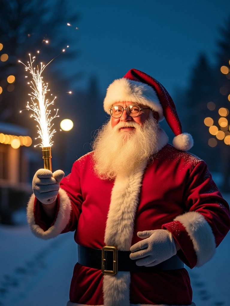 Santa Claus stands outdoors at night holding a glowing stick. Santa is writing Vojens Elektriker with the glowing stick. Christmas lights illuminate the snowy background.