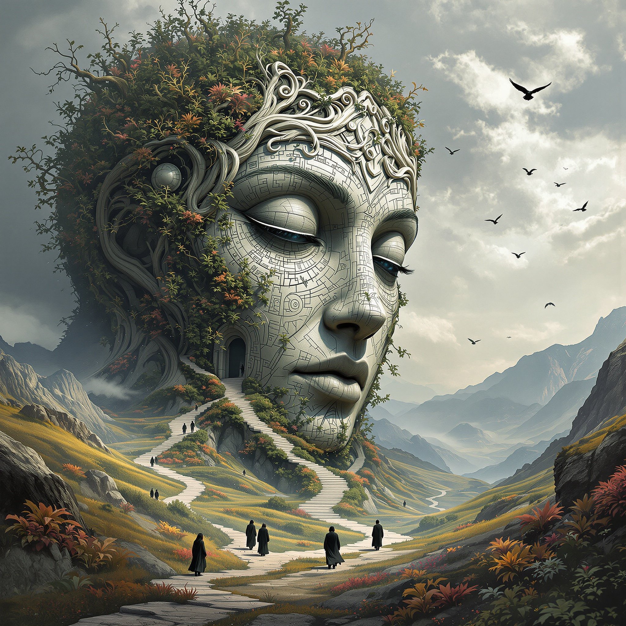 Surreal landscape is centered around a colossal face made of petrified earth. The face features intricate patterns resembling vines and glyphs. Overgrown with fauna, the landscape has rolling hills. Figures in dark robes wander the pathways. Birds soar in a cloudy sky. The colors vary from muted to warm tones, creating a dreamlike atmosphere.