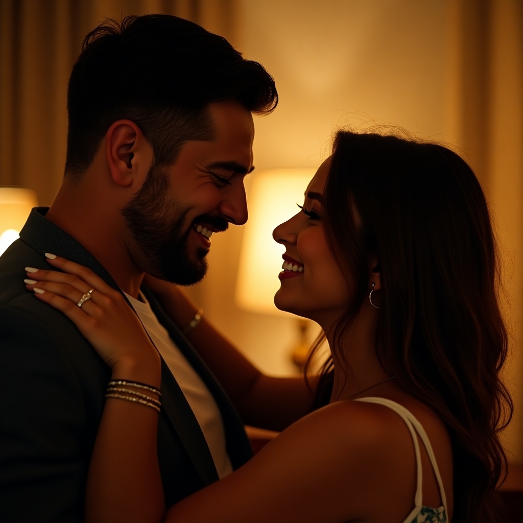 A man and a woman share a tender moment, smiling at each other. The atmosphere is intimate as the man gently touches the woman's upper shoulder. Their faces are close together, showcasing their love and affection for each other. The warm, soft lighting enhances the romantic mood in the room. This scene beautifully captures the essence of their relationship in a cozy setting.