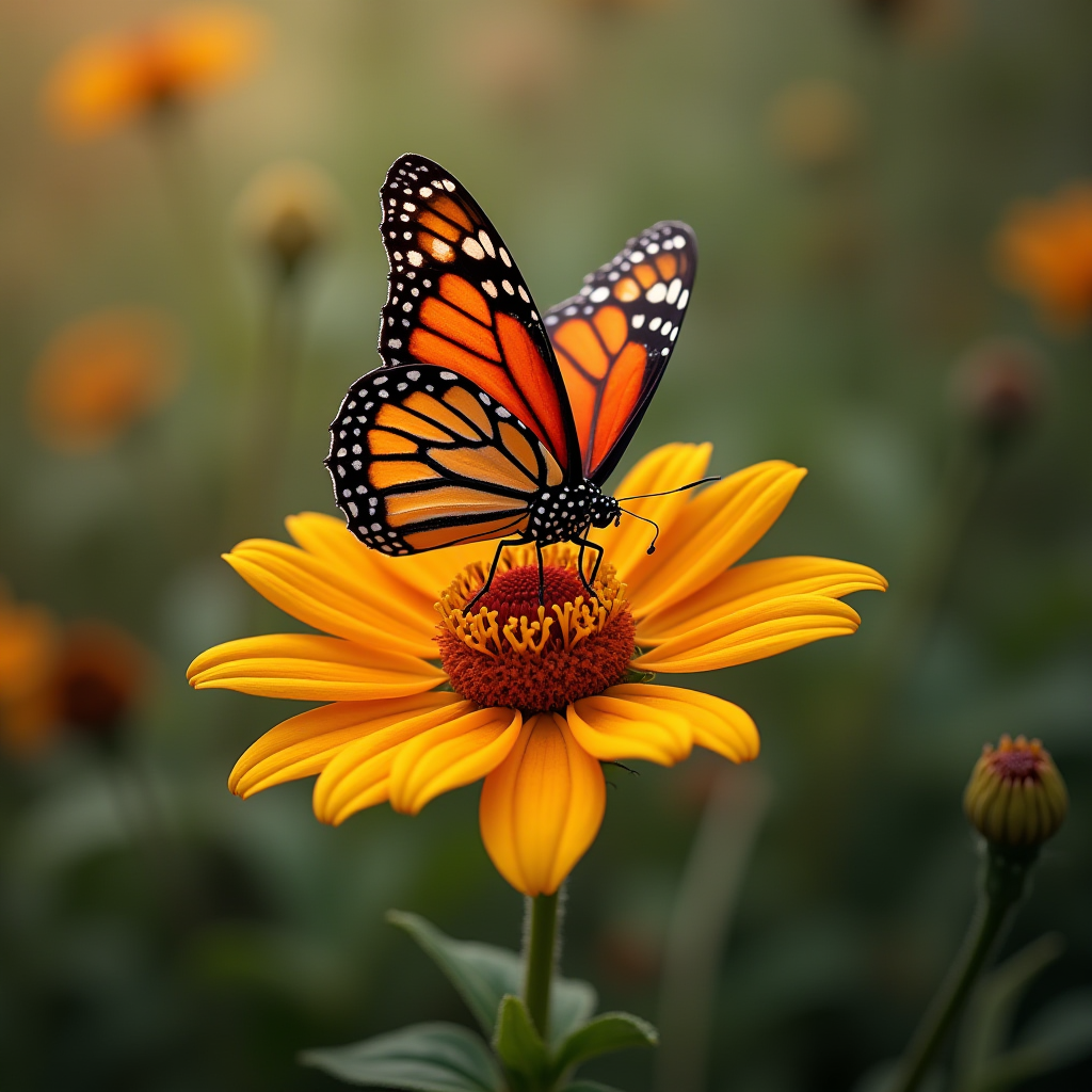 A vibrant monarch butterfly perched on a bright yellow flower.