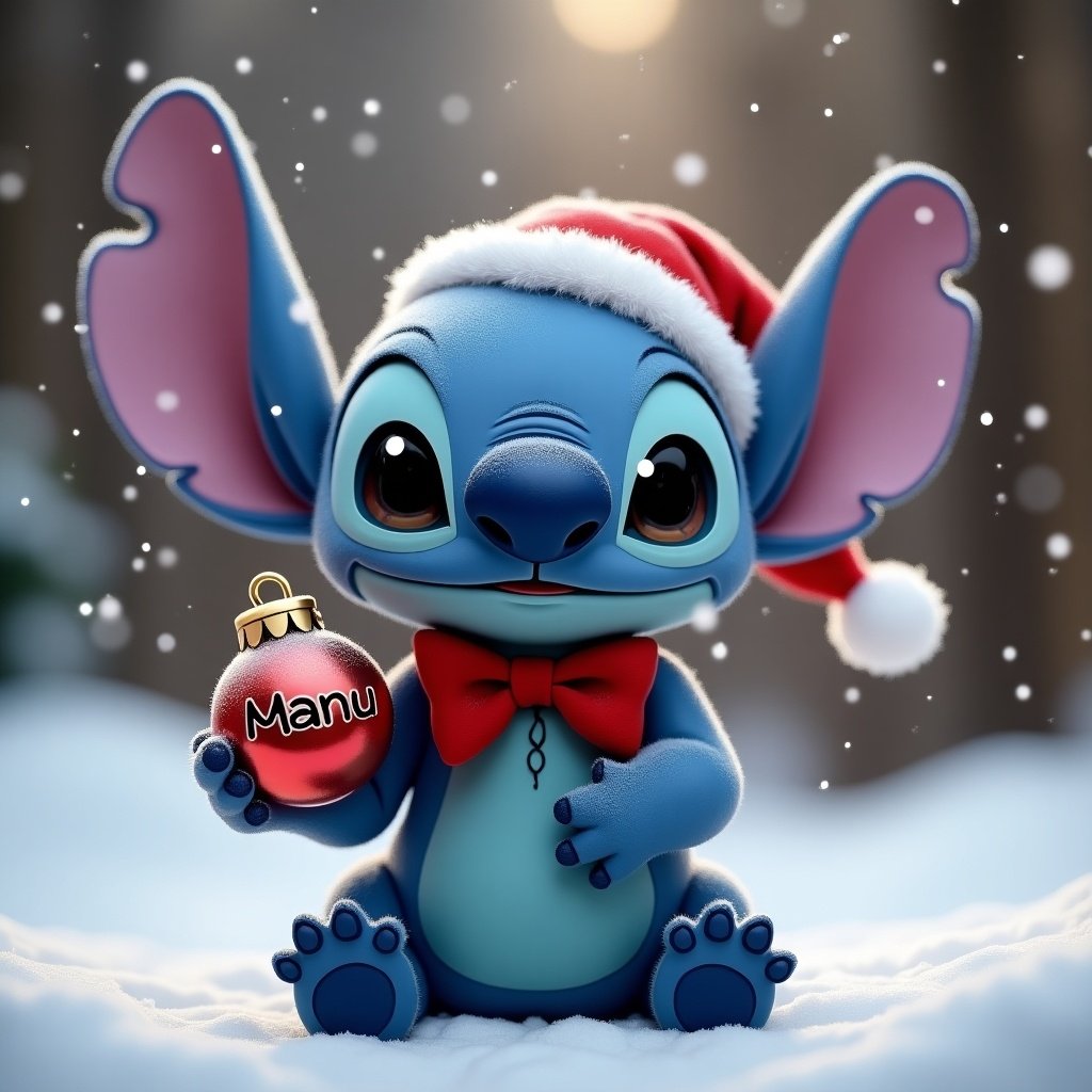 Character holding Christmas bauble. Blue color with large ears. Wears a bow tie and a Santa hat. Snowy background with soft lighting.