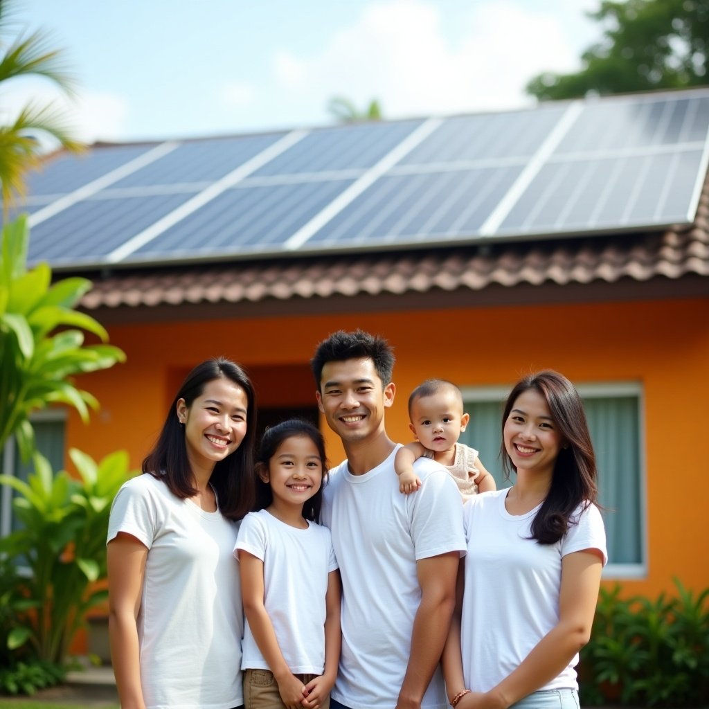 An Indonesian family stands in front of a home with solar panels. Family includes a mother, father, son, and daughter. Casual white shirts worn. House is bright orange with green plants around. Sunny skies enhance the joyful scene. Represents family values and sustainability.