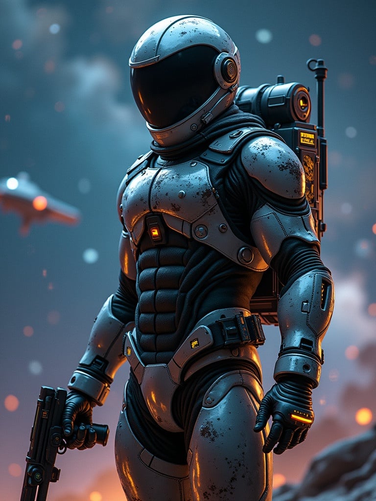 Astronaut in a sleek metallic exosuit against a starry galaxy backdrop. Utility pouches and a holstered gun. Stunning visual with a neon-lit spaceship in the distance. Inspired by futuristic styles. Dark gritty color palette. Emphasis on dynamic lighting and metallic textures.