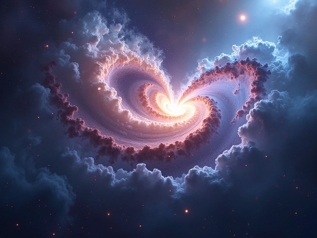 A spiral galaxy shaped like a heart, with glowing stars and vibrant nebulae in deep space.