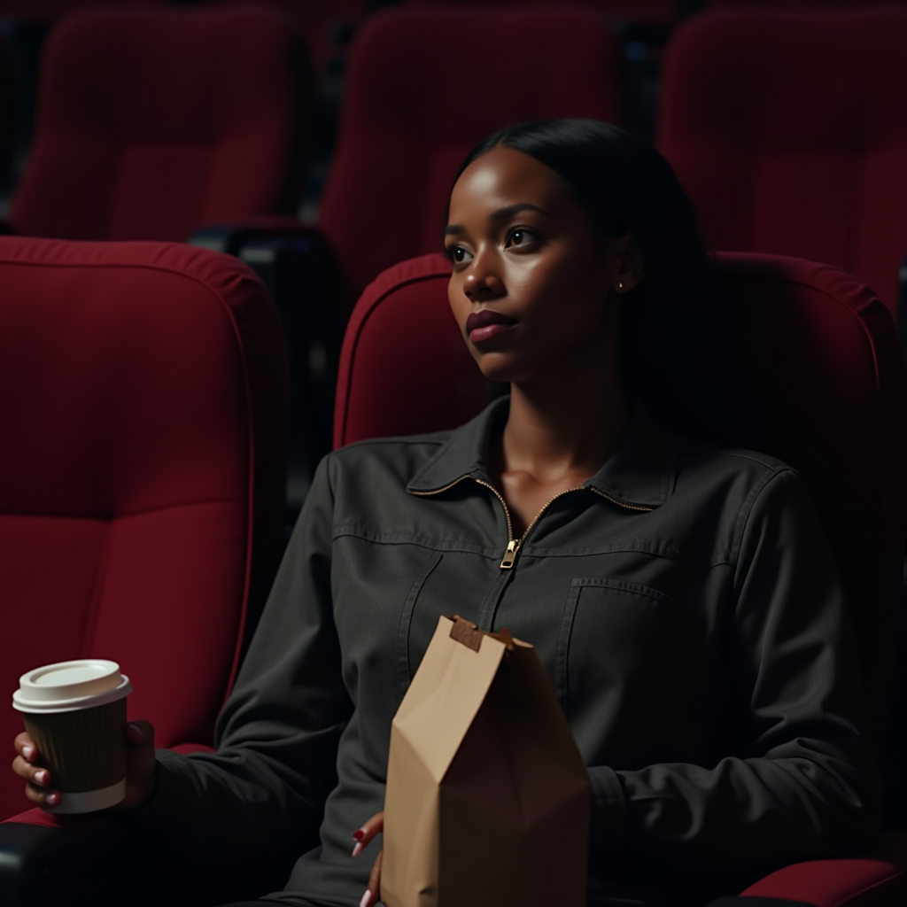 A woman quietly sits alone in a movie theater holding a coffee and a snack.