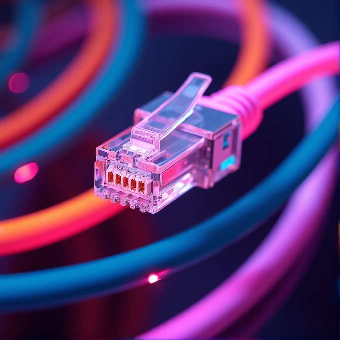 A colorful Ethernet cable with a vivid, glowing background of intertwined wires.