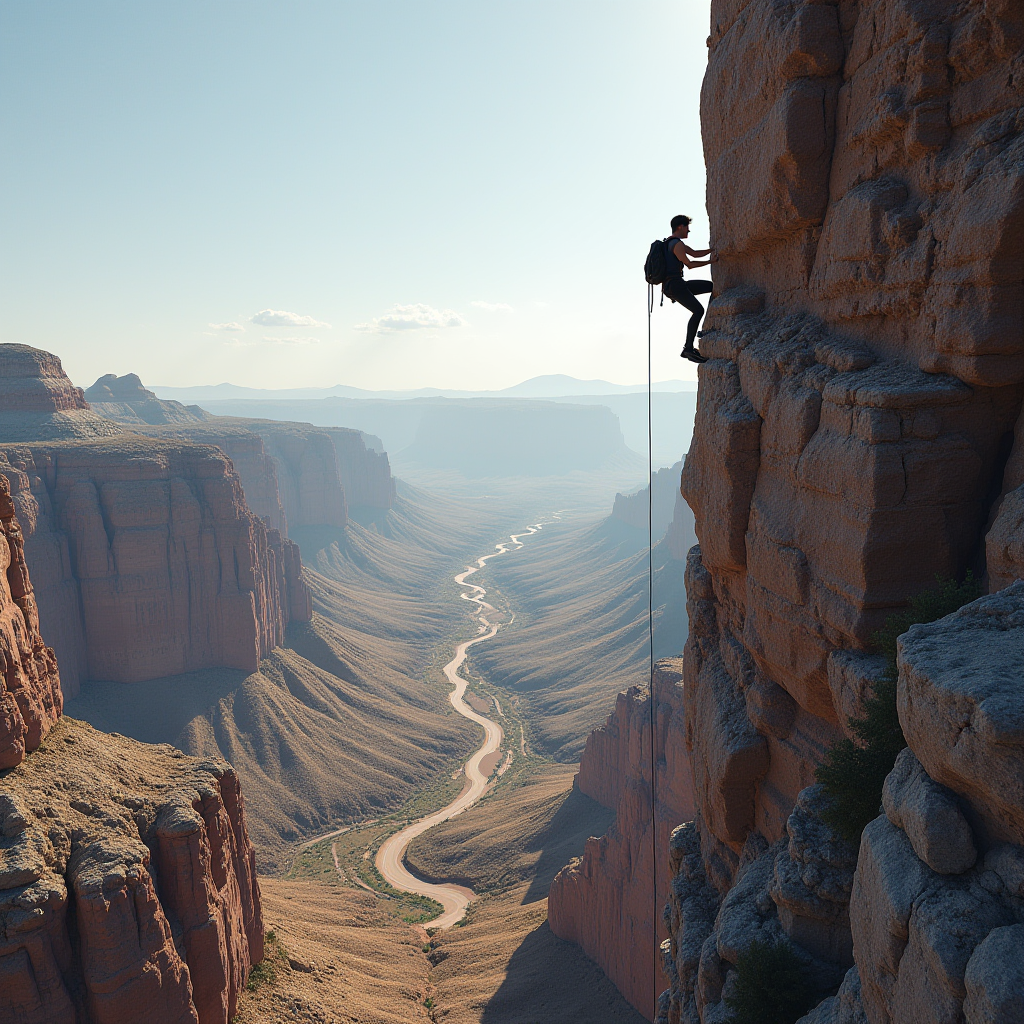 A person is rock climbing on a tall cliff with a vast desert canyon below.