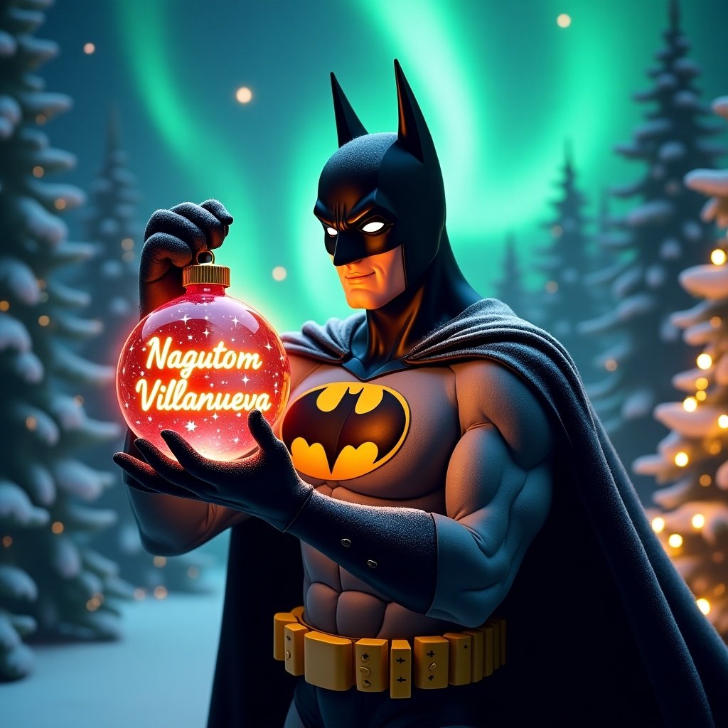 An enchanting Christmas scene featuring Batman holding a magical ornament. The ornament glows with the name 'Nagutom&Villanueva' in bright script. The background showcases vibrant northern lights. Snow and decorated trees enhance the holiday feel. Captivating blend of superhero charm and holiday cheer.