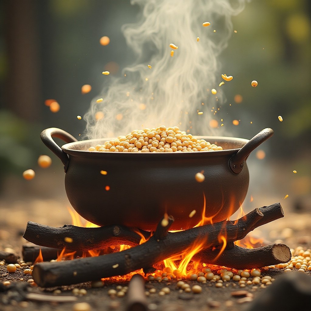 A pot of beans is cooking over a campfire. Steam and some beans are rising. Warm light outlines the pot. The scene evokes a sense of traditional cooking and cultural heritage.