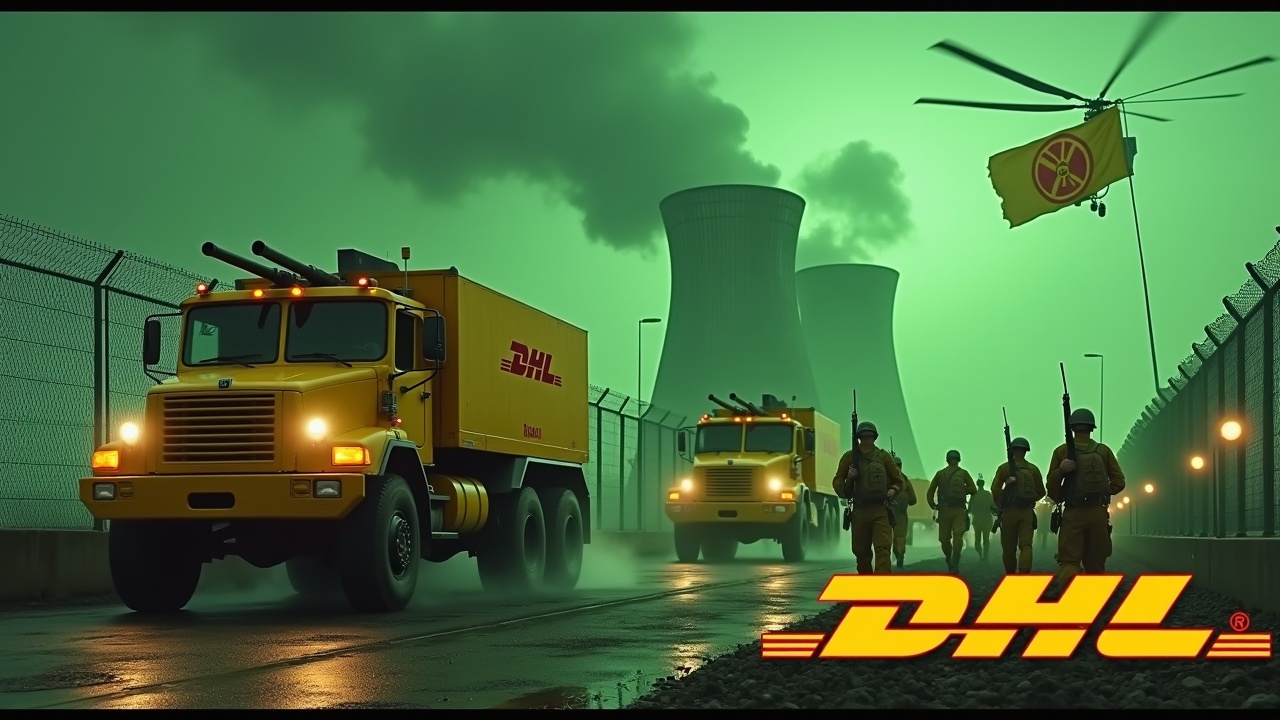 In a dramatic scene, several large yellow armored trucks are driving up to a fence. The trucks, clearly showing the DHL logo, are equipped with prominent double-barrel roof-mounted cannons. A group of soldiers in yellow uniforms marches together, holding rifles. One soldier proudly carries a large flag featuring the DHL logo. In the background, glowing green smokestacks of a nuclear power plant loom. The sky radiates an ominous green glow as a Chinook CH-47 helicopter flies overhead. The bottom of the image prominently displays the DHL logo in bold, yellow text.