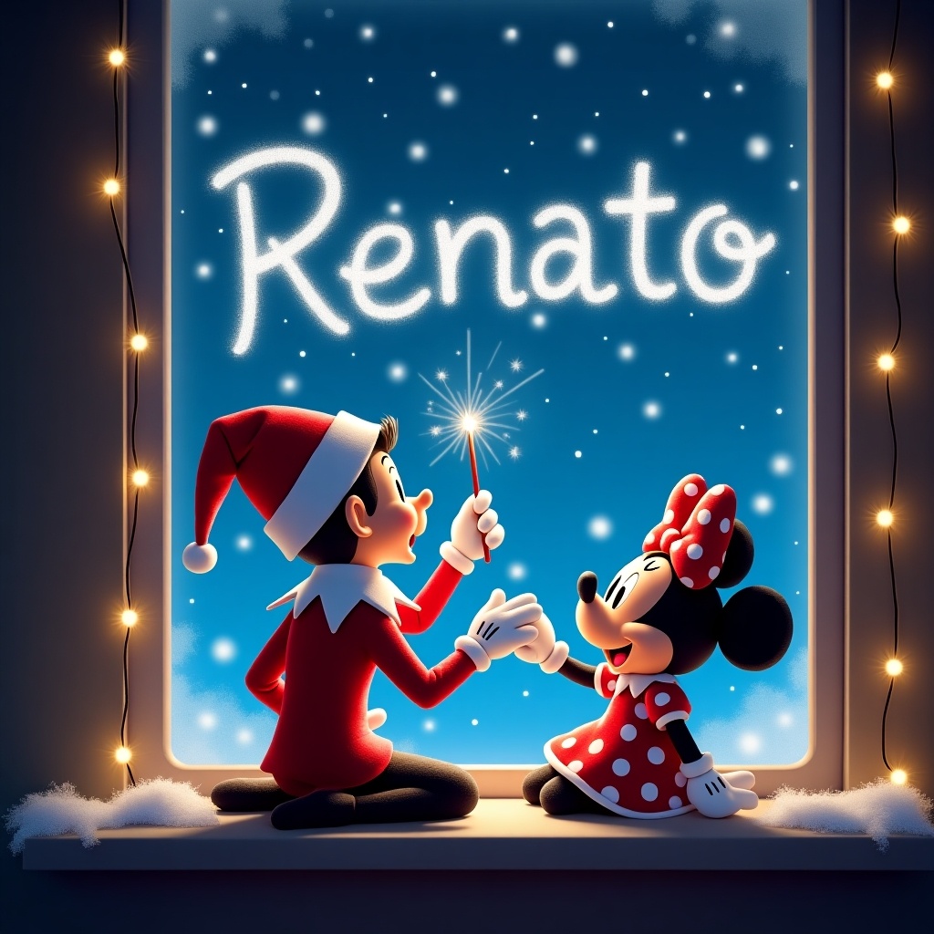 Elf on the shelf uses a magical wand to write 'Renato' in the starry sky. Minnie Mouse sits beside the elf with a joyful expression. Glowing lights frame the window. Snowflakes fall gently outside. Vibrant, festive scene.