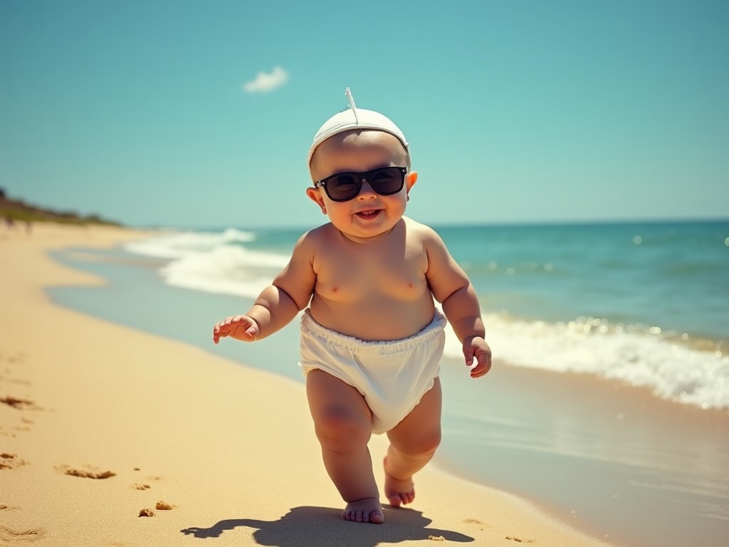 This image captures a delightful scene of a baby confidently walking along a sandy beach. The child is wearing sunglasses and a hat, adding to the playful and carefree atmosphere. The bright sun and clear blue sky contribute to the joyful and summery vibe of the image.