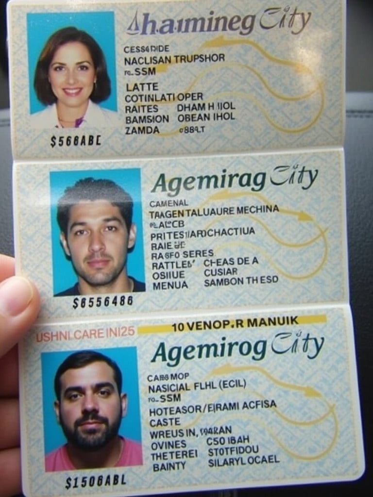 Three driver's licenses shown in a hand. Each license has identification information printed on it. Background is unobtrusive to focus on licenses.