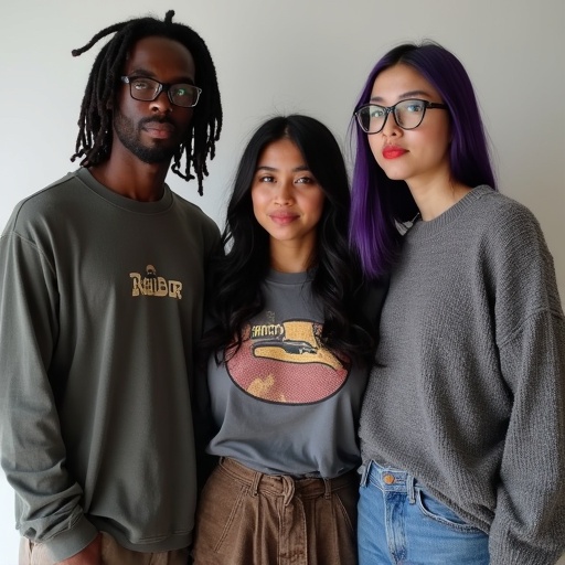 A photoshoot showcasing a diverse group of three individuals. One individual has dark skin and dreadlocks, wearing glasses. Another has straight black hair and is dressed in a graphic tee with baggy jeans. The third individual is Asian with black mixed with purple hair, wearing a nose ring and oversized sweater. Natural light creates a relaxed atmosphere.