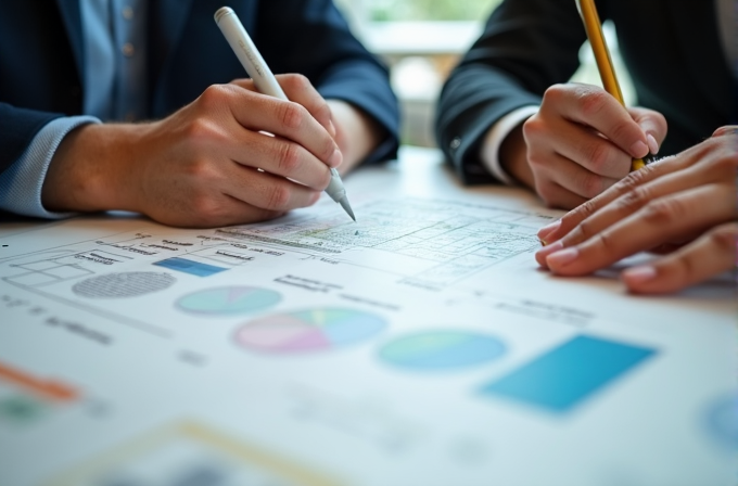 Two individuals in business attire analyze charts and graphs on a document, highlighting data with pens.