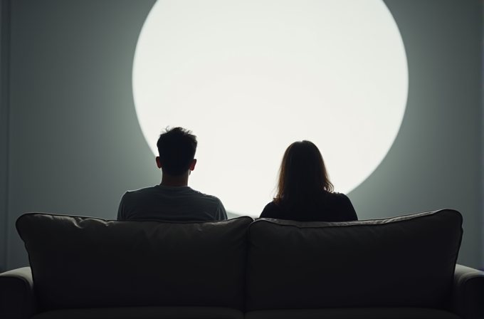 A couple sits on a couch in front of a large, bright circle of light, creating a silhouette effect.