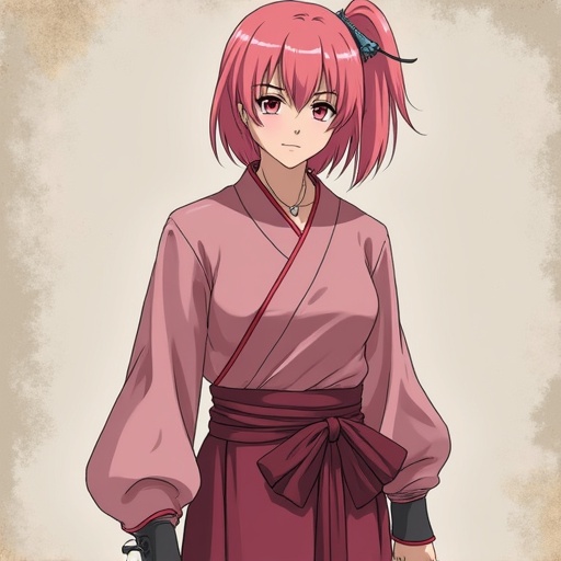 Mature woman wearing pink attire inspired by anime character. Traditional Japanese style with a belt and unique sleeves. Hair accessory adds charm. The clothing captures the essence of anime aesthetics.