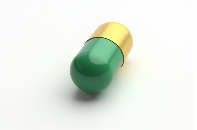 A glossy green and gold capsule-shaped object resting on a clean, white surface.