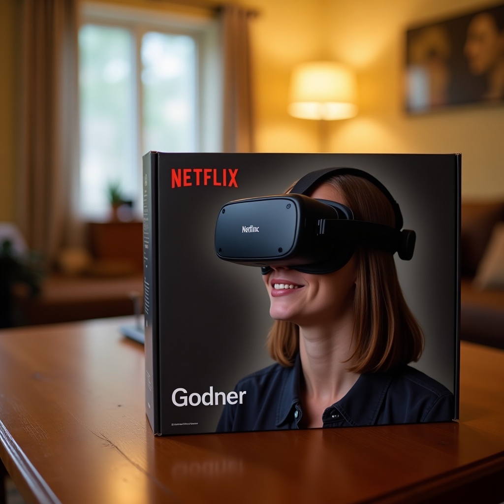 Box featuring a person wearing a VR headset. VR headset branded with Netflix and Godner. Box placed on wooden table in warmly lit room.