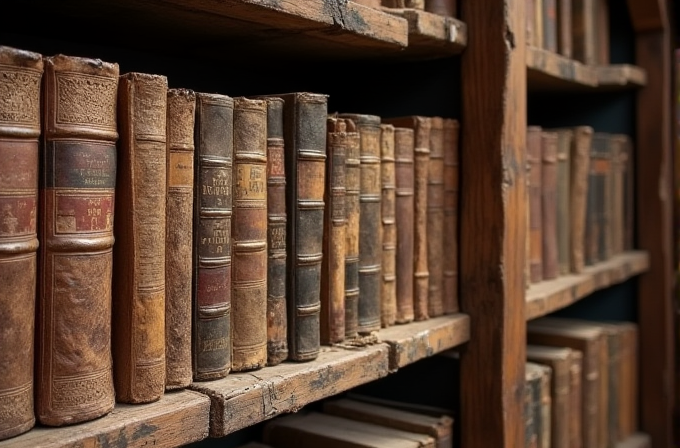 Rows of old, leather-bound books sit tightly on wooden shelves.