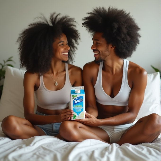 A happy couple sits on a bed holding a box of cereal, smiling at each other.