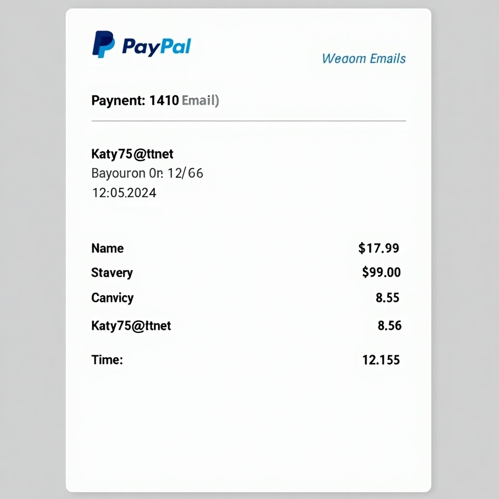 Image of PayPal payment receipt. Displays transaction information. Shows email and payment amounts. Receipt for online payment.