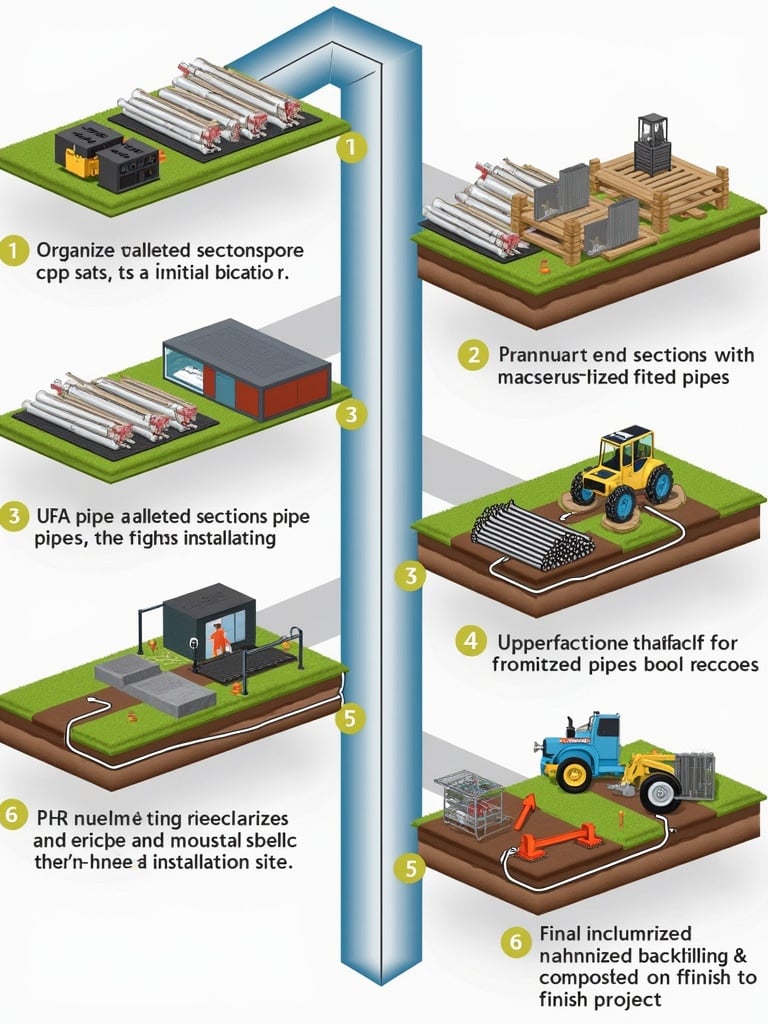 Illustration of the optimized pipe delivery process shows eight steps. Start with organizing palletized pipe sections. Cleaning and chamfering pipes follows. Prefabricated sections move to installation. A laser level ensures alignment. Final step is mechanized backfilling and compaction.