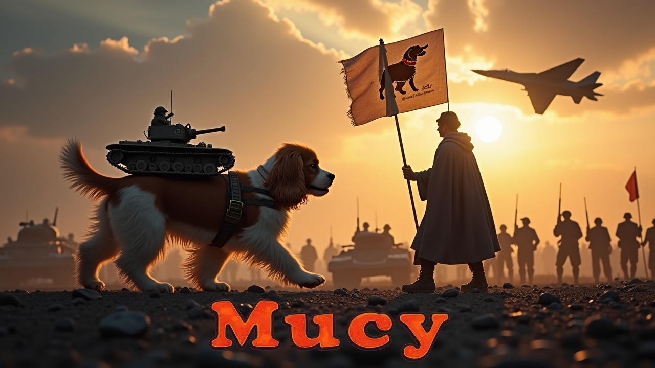 In a dramatic and awe-inspiring scene, a fluffy brown and white cavalier king charles spaniel walks across a dark, desolate battlefield. There is a small tank strapped to its back. Nearby, a figure wearing a cloak stands valiantly holding a flag with a dog emblem. In the background are a multitude of small soldiers holding rifles as well as tanks, barely visible among the shadows. The sky is lit by the bright radiance of the sun. A jet fighter passes overhead. At the bottom, we see the text 'Mucy' boldly displayed, in fiery writing.