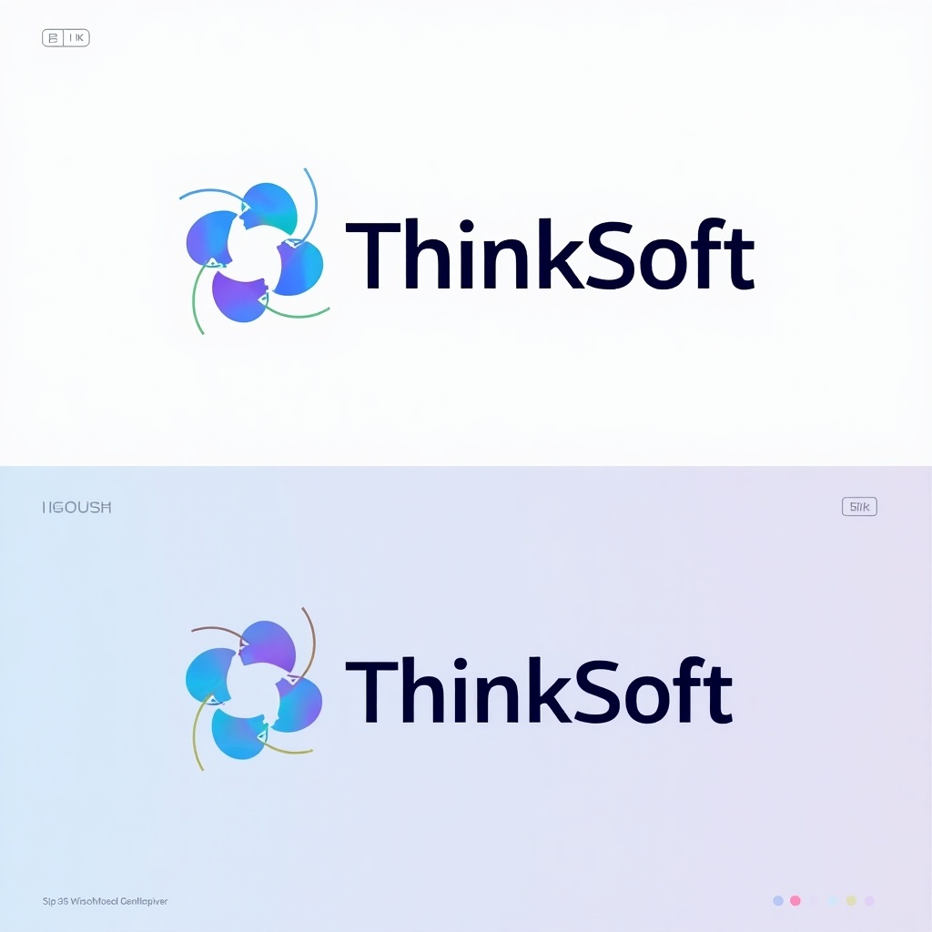 Design a modern logo for ThinkSoft featuring interconnectedness, flexibility, and innovation. Clean design elements with variations for sub-applications. Professional minimalistic style with a galaxy gradient color palette.