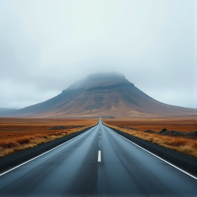 A long road leads to a misty mountain surrounded by barren lands.