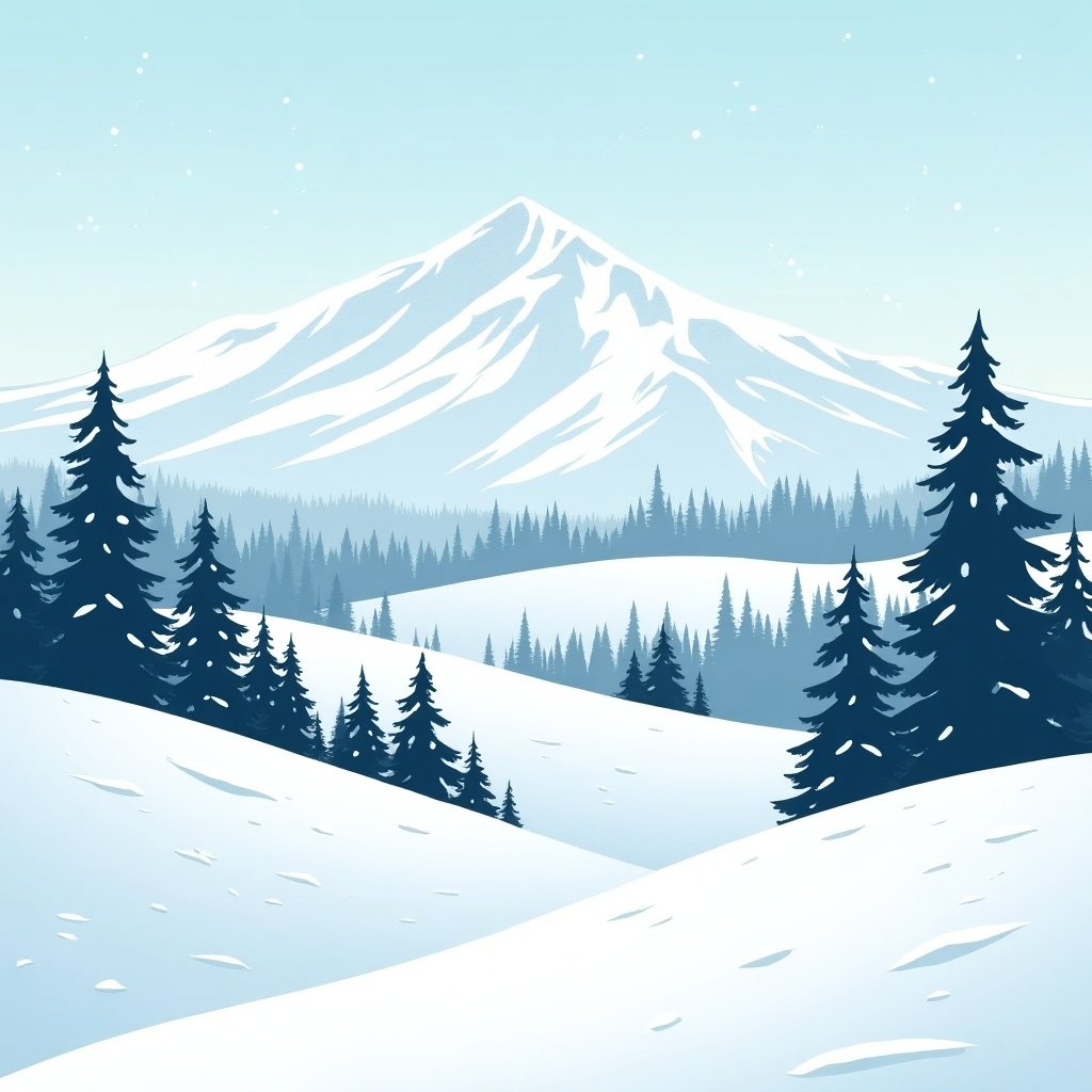 Illustration of a winter scene with snow-covered hills, slopes for skiing, evergreen trees, and a mountain in the background.