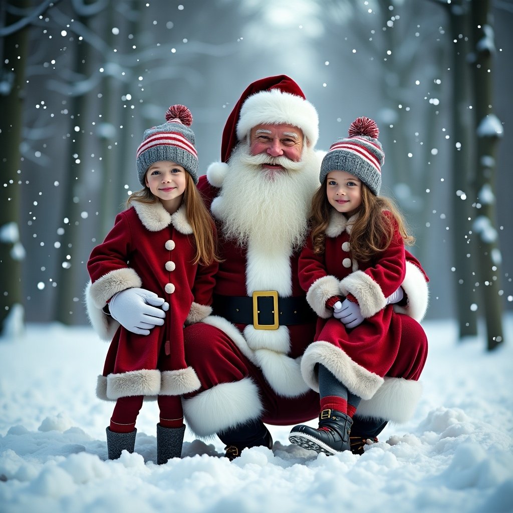 Magical scene with Santa Claus and two children in winter snow. The children are wearing red dresses, smiling beside Santa in a festive outfit.