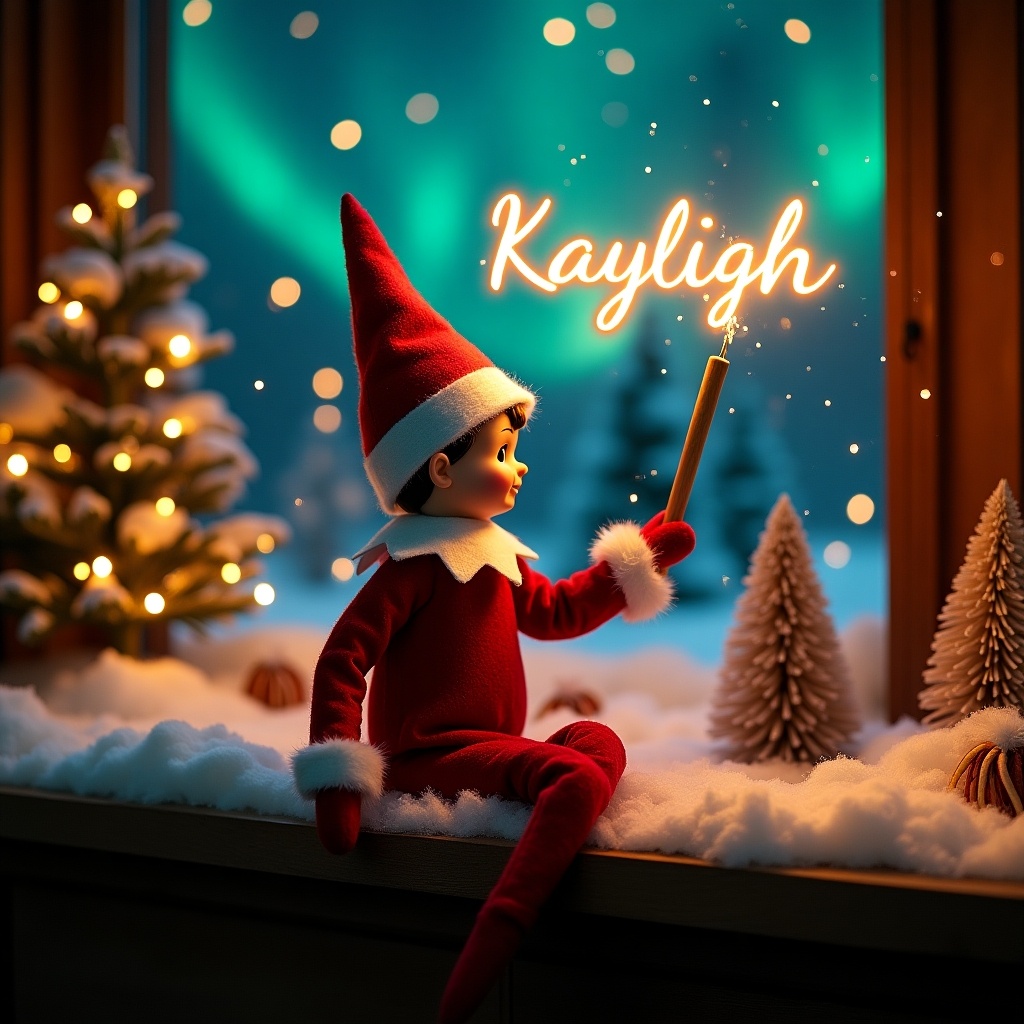 An enchanted Christmas scene with an elf on the shelf wearing red and white. The elf writes 'Kayleigh' in glowing script with a magic wand. Background features vibrant northern lights.