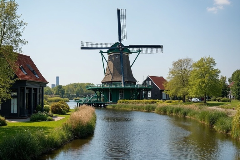 A picturesque scene depicting a traditional watermill in Holland surrounded by lush greenery and a serene waterway. The windmill stands tall against a clear blue sky.