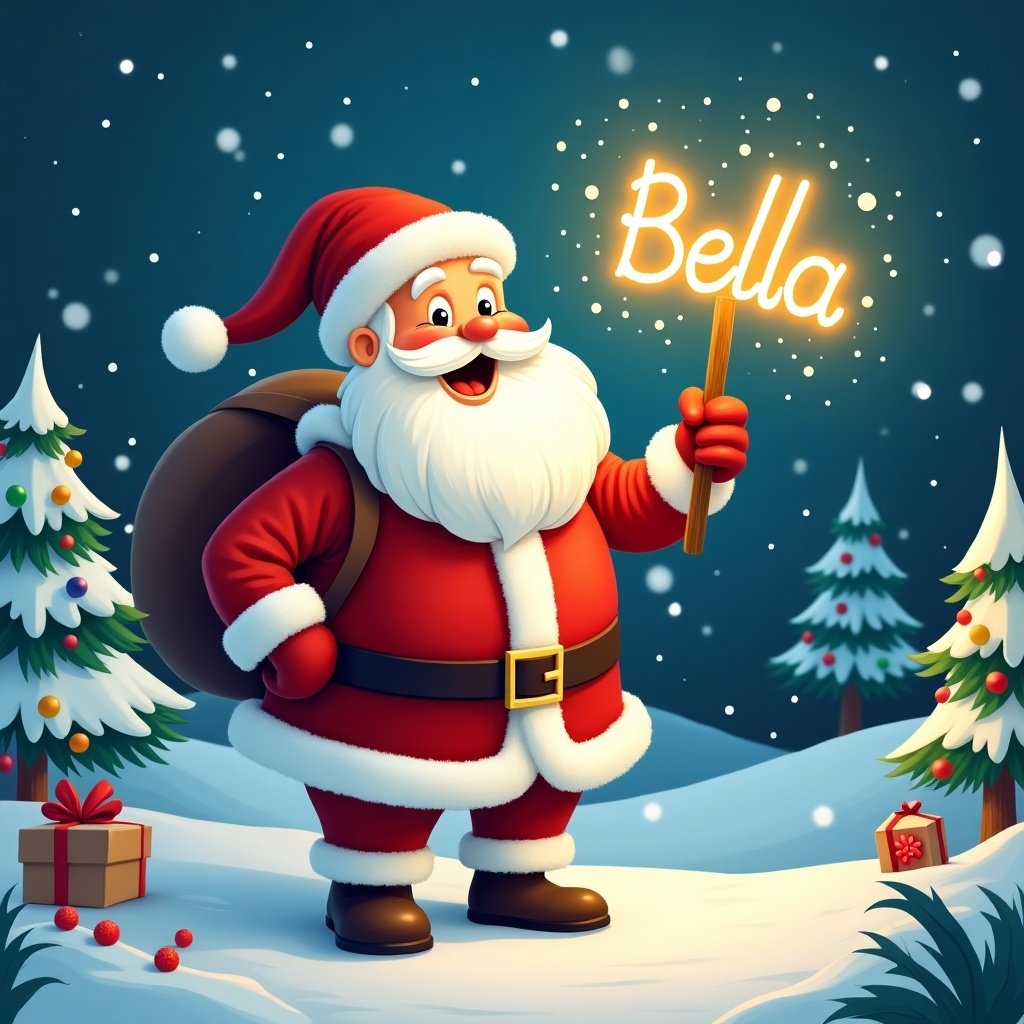 A cheerful Santa Claus is depicted in a snowy landscape, presenting a glowing stick that elegantly writes the name 'Bella'. He wears his classic red and white outfit, complete with a jolly smile. Surrounding him are festive elements, including snow-covered trees and colorful decorations. The warm glow from the stick creates a magical atmosphere, suggesting a spirit of generosity and joy. This illustration captures the essence of Christmas celebrations and the personalized touch of holiday magic.