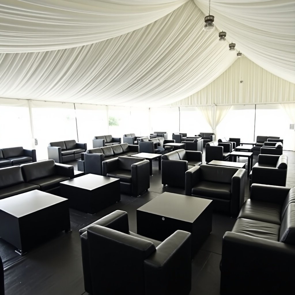 Tent features a white draped ceiling. Contains black leather soft seating furniture with cocktail tables scattered throughout.