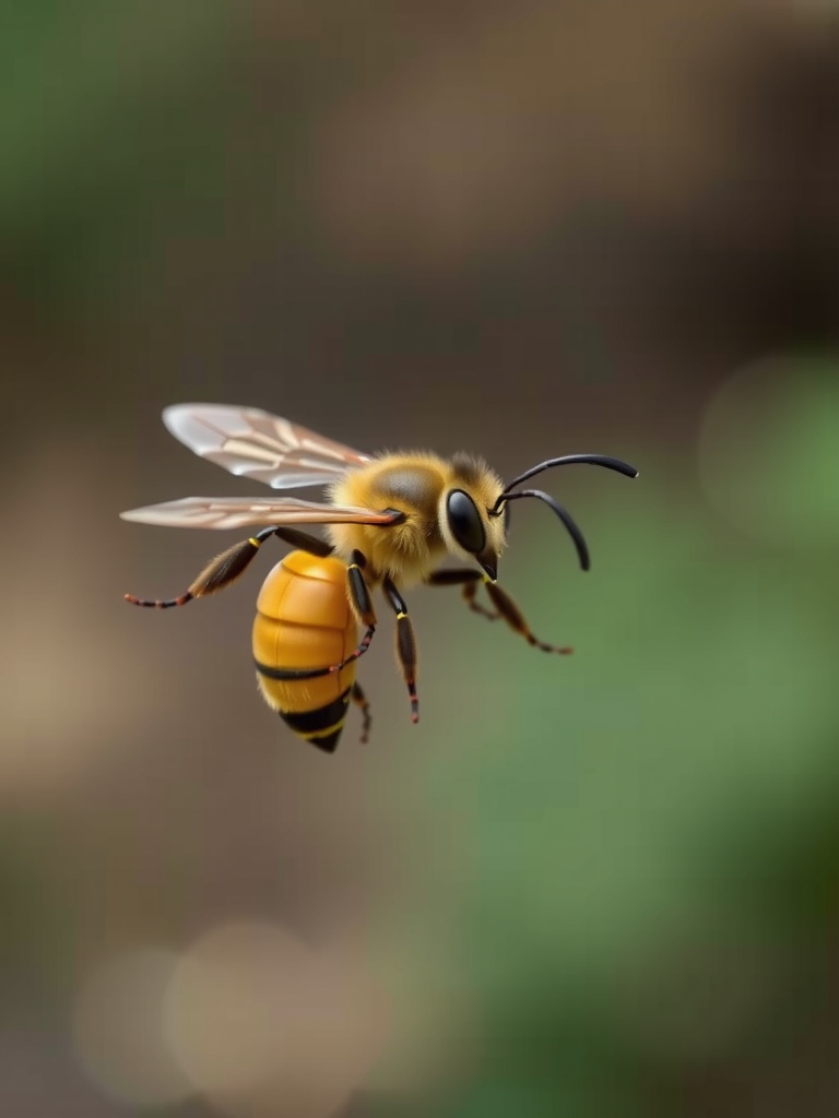 A close-up image of a bee captured mid-flight, showcasing its delicate wings and vibrant yellow and black body. The background is softly blurred, highlighting the sharp details of the bee’s anatomy. This serene composition exudes a sense of natural beauty and the intricate dynamics of nature.