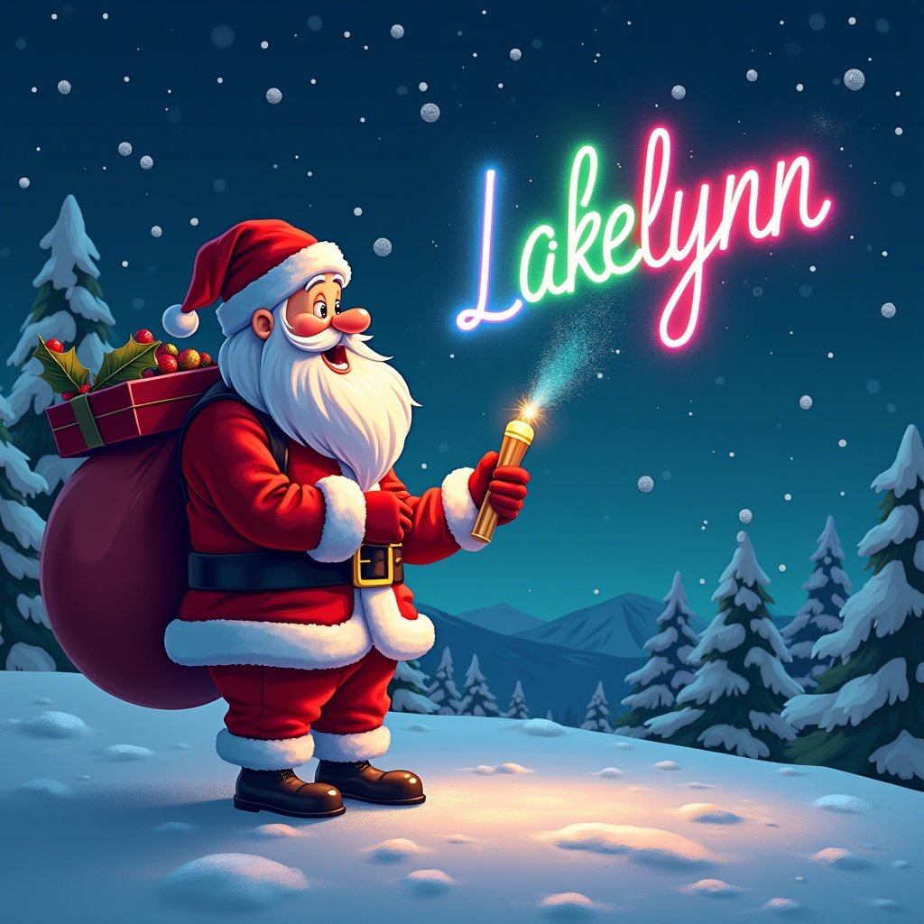 Christmas theme with Santa Claus writing name in sky with colorful glow pen. Santa looks up at bright letters.